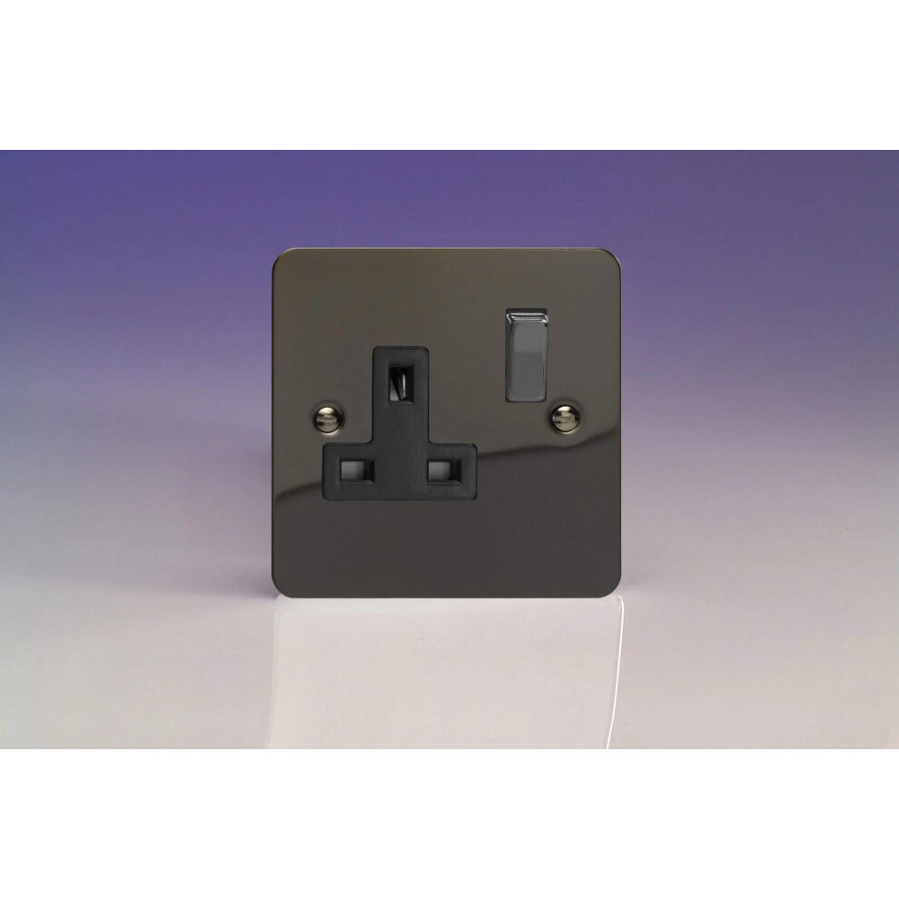 Varilight Ultra Flat Plate Iridium Black 1-Gang 13A Switched Plug Socket Black Insert Xfi4db 5021575280296