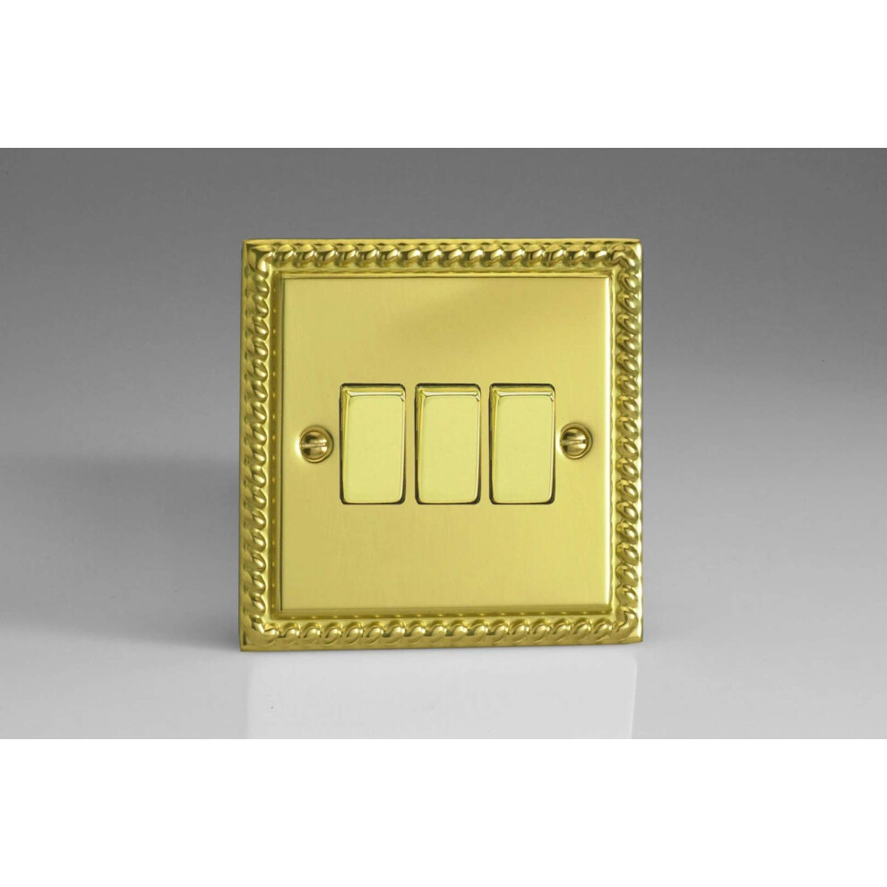 Varilight 3-Gang 10A 1- Or 2-Way Rocker Switch Georgian Brass 5021575750492