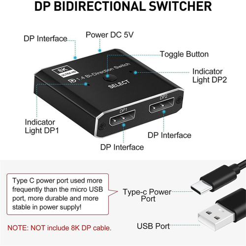 Διακόπτης DisplayPort 8K, έξοδος 2 σε 1/ έξοδος 1 σε 2, διακόπτης DisplayPort DP 1