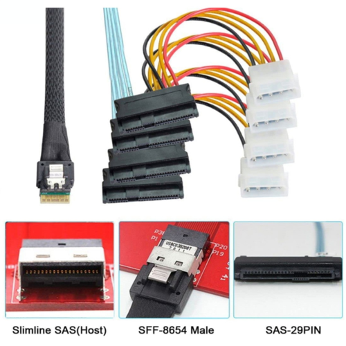 PCIE SAS 4.0 SFF-8654 4i Host σε 4X SFF-8482 με καλώδιο τροφοδοσίας 4P 2