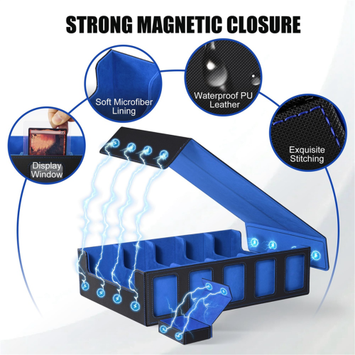 Trading Card Storage Box with Window 5-Row Deck Case Black+Blue 2
