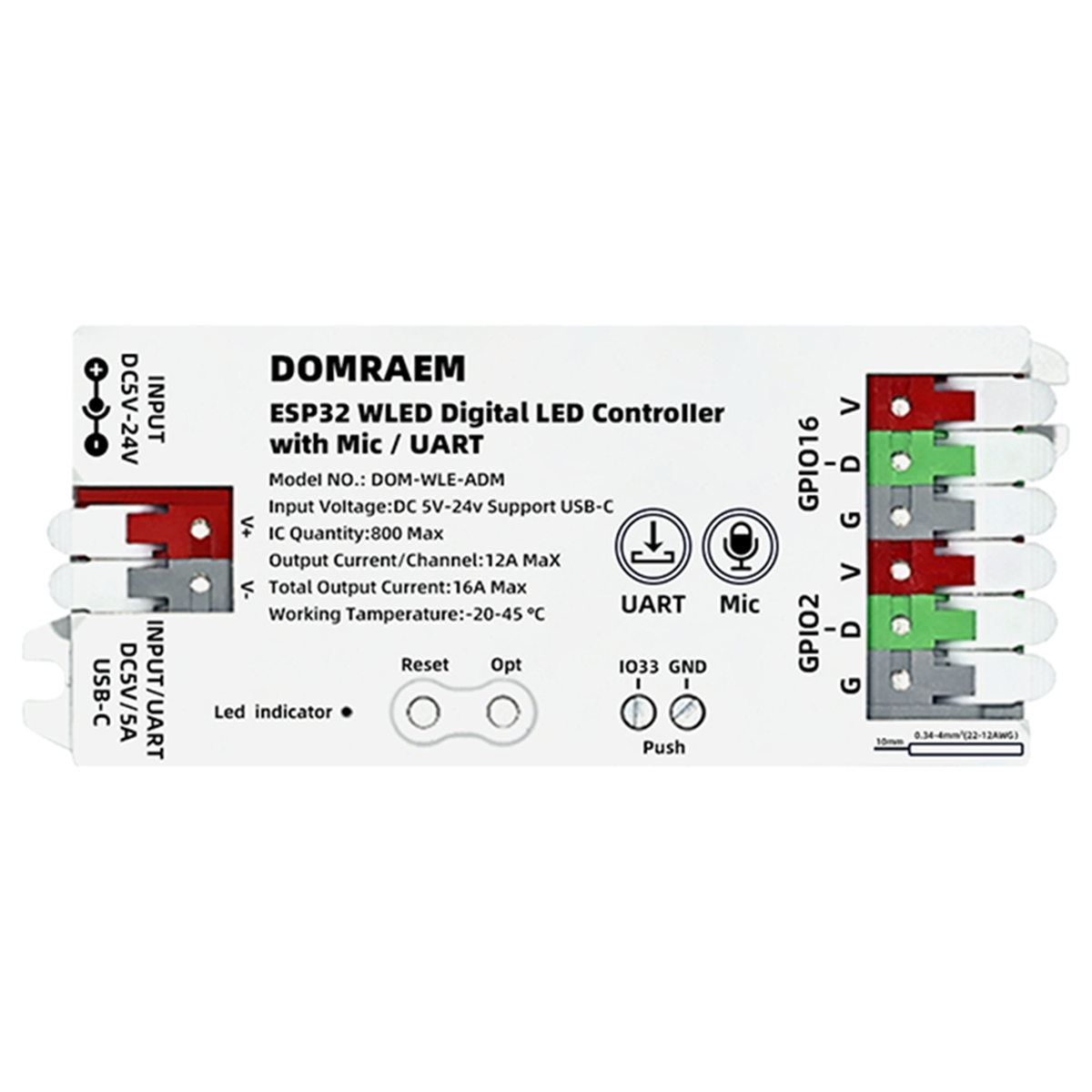 Controller LED WLED Compatto IUmuzter Con ESP32 E Microfono – DC 5V-24V Per Strisce Indirizzabili WS2812B, SK6812, WS2815 – 2 Canali