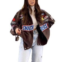 (L, Brown) 2024 Spring Motorcycle Style Jacket Colorblock Printed Padded Long Sleeves For women / men