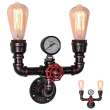 Retro Industrial Water Pipe Wall Lamp with Vintage Pressure Gauge for Café, Restaurant, Loft Style Lighting in Corridors and Stairways