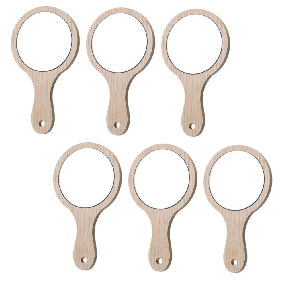 Makeup Mirror Handheld Portable Round Mirror with Wooden Handle for Travel, Clear Glass, 6 Pieces for Women and Men