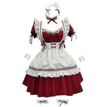(S, Wine Red) Anime French Maid Apron Lolita Fancy Dress Cosplay Costume Set for Womenq