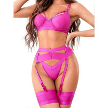 (XXL) Garter Lingerie for Women,Sexy Lace Lingerie,Sheer Matching 4 Piece Lingerie Set Hot Pinkq