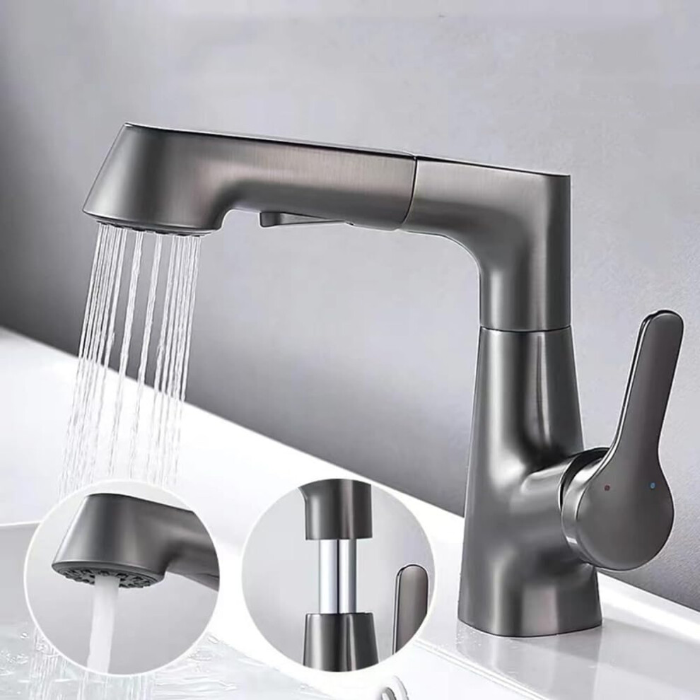Retractable Sink Faucet With Pull-Down Sprayer, 2 Modes, Water-Saving, Gray Bathroom Sink Mixer Tap 6038364593337