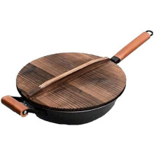 Uncoated Cast Iron Wok with Lid, 12-Inch Pre-seasoned Frying Pan with Wooden Handle for High Performance Cooking