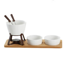 Chocolate Fondue Set with Cheese Fondue Pot, 2 Stainless Steel Fruit Forks, 2 Ceramic Bowls, Wooden Tray for Home Use