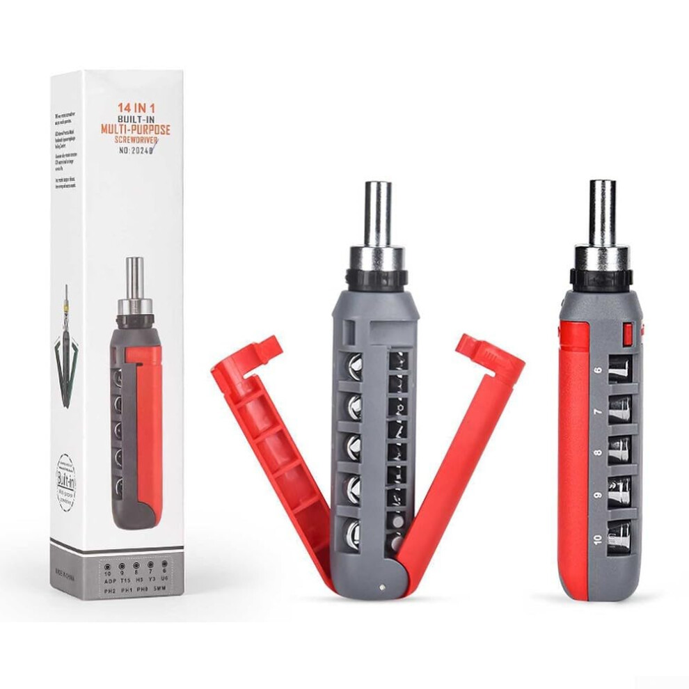 Multi-Angle Ratchet Screwdriver Set With 14 Interchangeable Heads For Home And Auto Repairs In Red Color 6038364612984