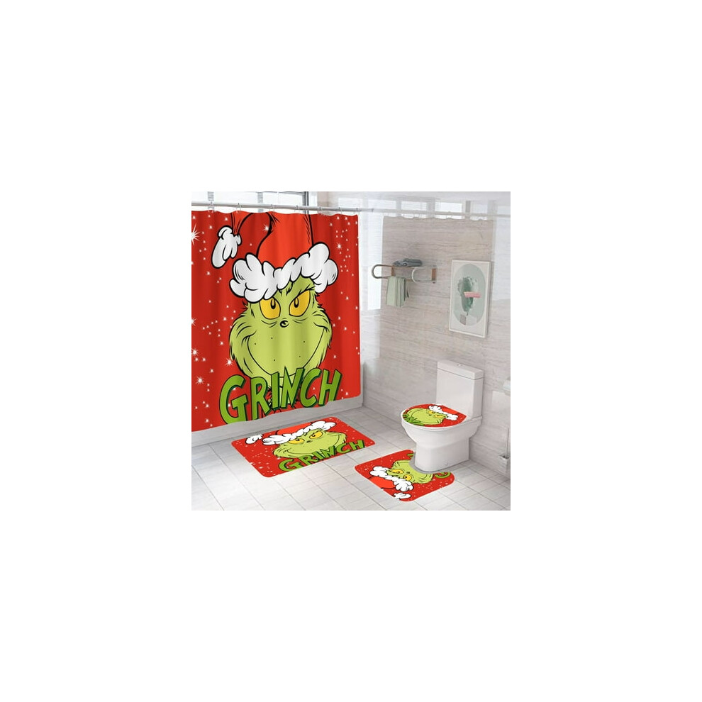 4 Piece Christmas Shower Curtain with Non-Slip Mat, Toilet Lid Cover and Bath Mat, Gr.inch Christmas Shower Curtain with 12 Hooks for Bathroom (A)-image-OPC-PJZY7TB-NEW