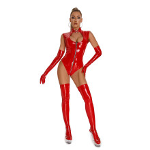 Women's Patent and Leather Outfit, Sexy Lingerie in Large Sizes, Red XL Latex Dress with Stockings for Parties