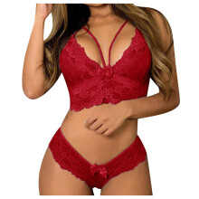 Sexy Lingerie for Women High Waist Lace Babydoll Pajamas Red Lace Briefs and Erotic Bra Set Size S-XL
