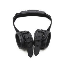 Adult Slave Roleplay Games Handcuffs Kit, Adjustable Leather Wrist Cuffs with Padded Sponge, Black Color, Traction Handle