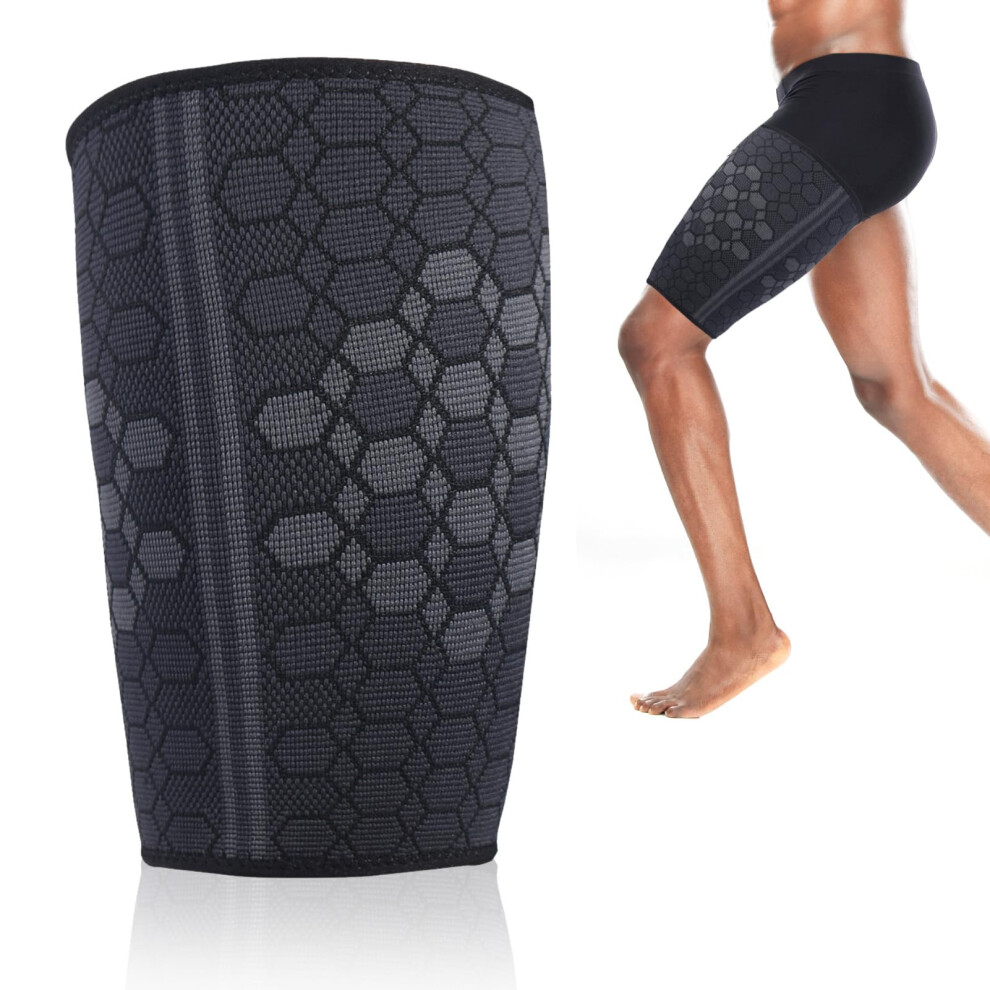 Black Thigh Brace For Men, Adjustable Compression Cuff For Muscle Pain Relief, Quadriceps Support, Injuries Recovery