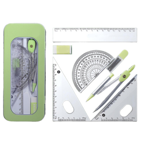 7-Piece Student Geometry Tool Set with Metal Ruler, Protractor, Triangle, Eraser, Green Storage Case