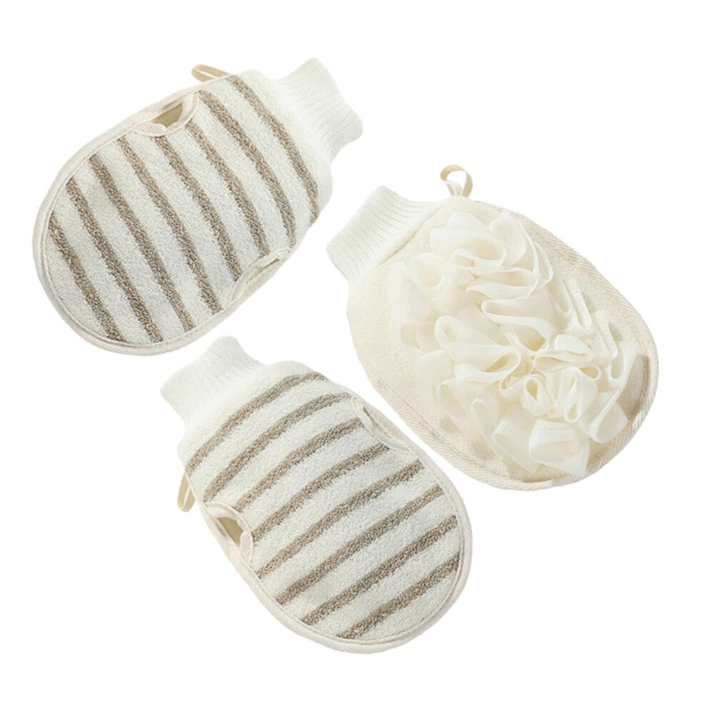 Beige Bath Towel Set Of 3 Exfoliating Shower Gloves For Women - Flax Skin Washer And Scrubber For Bathing