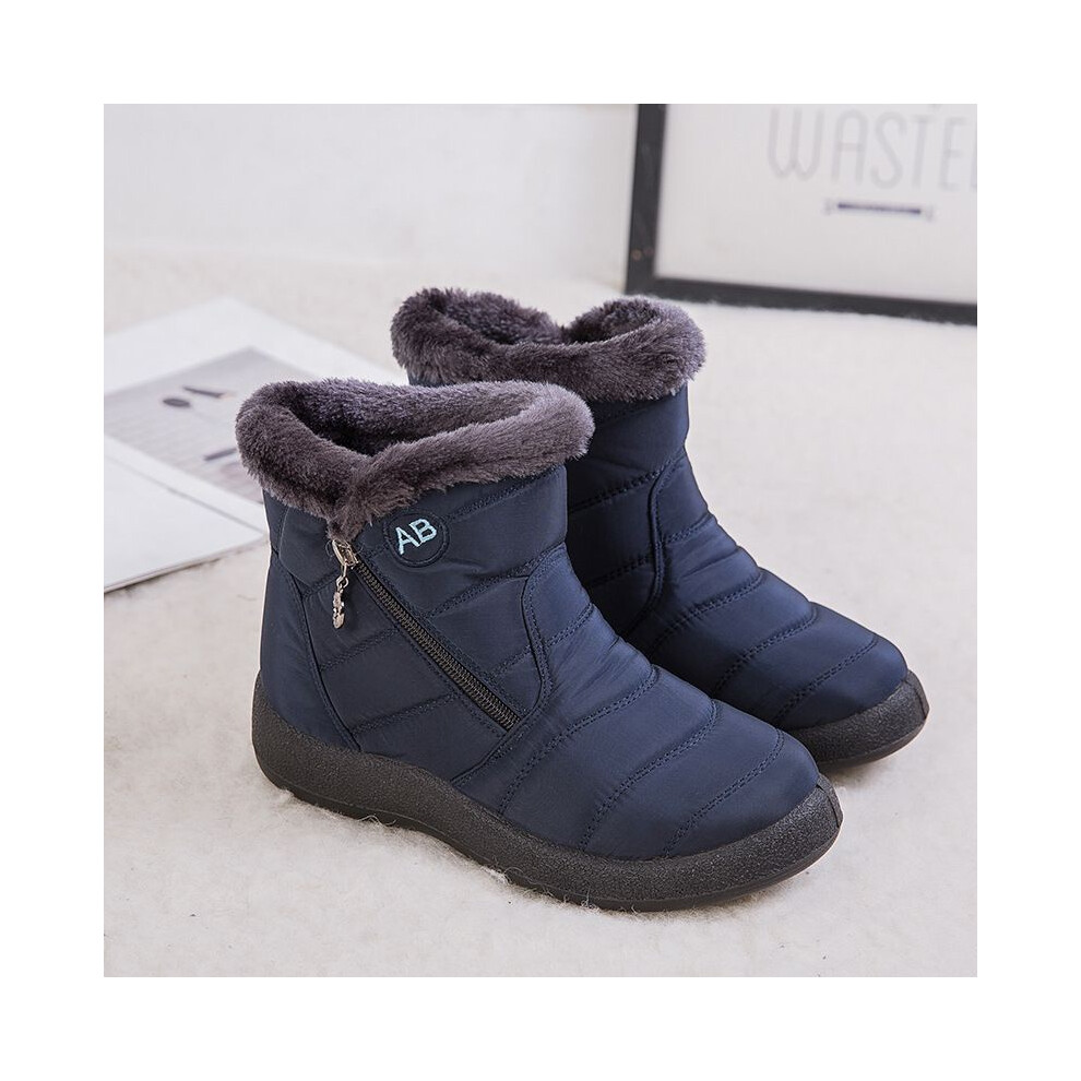 (Blue, EU40) Women Warm Winter Shoes Snow Boots Furlined Slip On Warm Waterproof Shoes Ankle