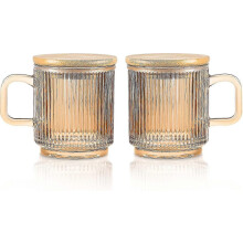PARK (Braun) Schillernde Kaffeetassen aus Glas, 2er-Set, 340 ml, gerippte Kaffeegläser, Teetassen mit