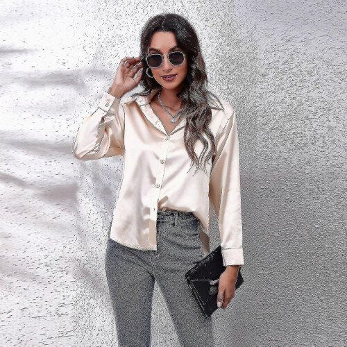 PARK(s-white) Camicia in raso da donna, camicia a maniche lunghe in raso e rayon, nuova 1