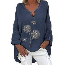 PARK (XL-Dente di leone blu scuro) Top tunica in lino a maniche lunghe da donna con scollo a V e camicetta