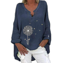 PARK (S-Dente di leone blu navy) Top tunica in lino a maniche lunghe da donna con scollo a V e camicetta