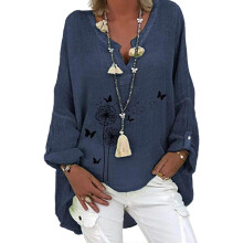 PARK (S-Navy Blue Butterfly) Top tunica in lino a maniche lunghe da donna, scollo a V, camicetta larga,