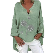 PARK (XXL-Dente di leone verde) Top tunica in lino a maniche lunghe da donna con scollo a V e camicetta
