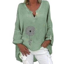 PARK (3XL-Green Butterfly) Top tunica in lino a maniche lunghe da donna, scollo a V, camicetta larga,