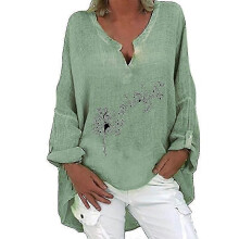 PARK (S-Green Music) Top tunica in lino a maniche lunghe da donna, scollo a V, camicetta larga, camicia