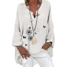 PARK (S-White Butterfly) Top tunica in lino a maniche lunghe da donna con scollo a V e camicetta larga