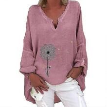 PARK (S-Pink Butterfly) Top tunica in lino a maniche lunghe da donna con scollo a V e camicetta larga