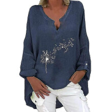 PARK (S-Navy Blue Music) Top tunica in lino a maniche lunghe da donna, scollo a V, camicetta larga,