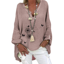 PARK (S-Farfalla rosa chiaro) Top tunica in lino a maniche lunghe da donna con scollo a V e camicetta