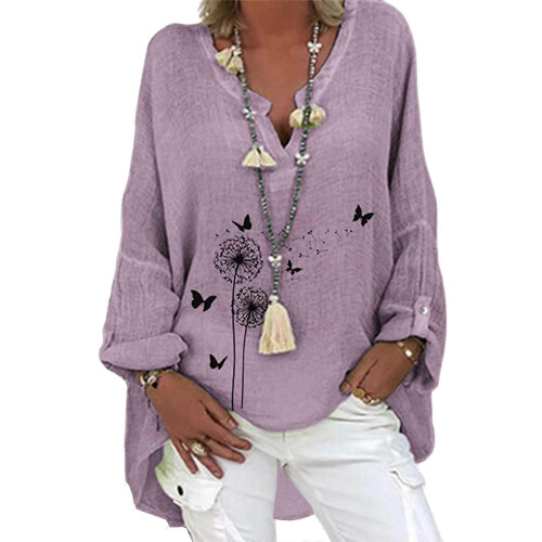 PARK (S-farfalla viola) Top tunica in lino a maniche lunghe da donna con scollo a V e camicetta larga