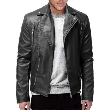 PARK (L-Negro) Chaqueta de cuero sintético para hombre, estilo motero, ajustada, con cremallera, estilo