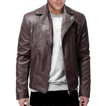 Park (L-Brown) Veste de motard en cuir synthétique pour homme, coupe ajustée, style bombardier, fermeture