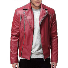 PARK(S-Rojo) Chaqueta de cuero sintético para hombre, estilo motociclista, ajustada, con cremallera,