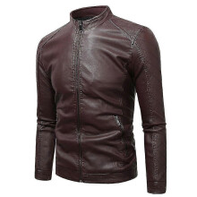 PARK (4XL-Rojo vino) Chaqueta clásica de cuero de color sólido para hombre, abrigo informal ajustado