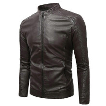 PARK(M-Coffee) Chaqueta clásica de cuero de color sólido para hombre, abrigo informal ajustado para