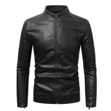 PARK (M-Negro) Chaqueta clásica de cuero de color sólido para hombre, abrigo informal ajustado para