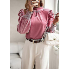 PARK (XL-Rosa) Camicetta da donna in velluto con scollo rotondo e maniche lunghe a palloncino