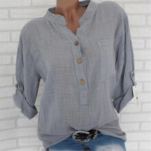 PARK (4XL-grau) Damen Leinenbluse High Low Shirt Roll-up Ärmel Tops