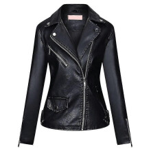 PARK (3XL-Noir) Veste de locomotive décontractée en cuir de couleur unie avec col à revers pour femme