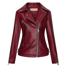 PARK (XL-Rouge) Veste de locomotive décontractée en cuir de couleur unie avec col à revers pour femme
