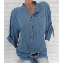 PARK (XXL-blau) Damen Leinenbluse High Low Shirt Roll-up Ärmel Tops