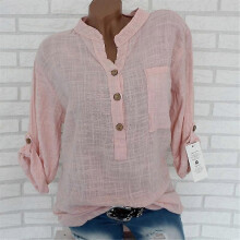 PARK(S-pink)Damen Leinenbluse High Low Shirt Roll-up Ärmel Tops