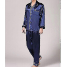 PARK (L-blu navy) Pigiama da uomo in raso di seta, pigiama a maniche lunghe con bottoni e tasca, abbigliamento