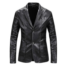 PARK (XL-Schwarz) Herren-Blazerjacke aus PU-Leder, lässig, einfarbig, schmale Passform, Revers, zwei